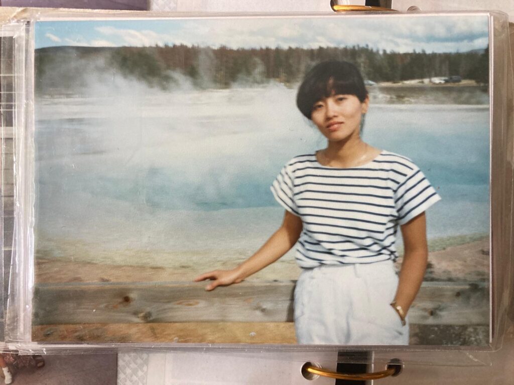 Professor Jane Wu visiting Yellowstone National Park in 1988. (Photo courtesy of Elizabeth Rao.)
